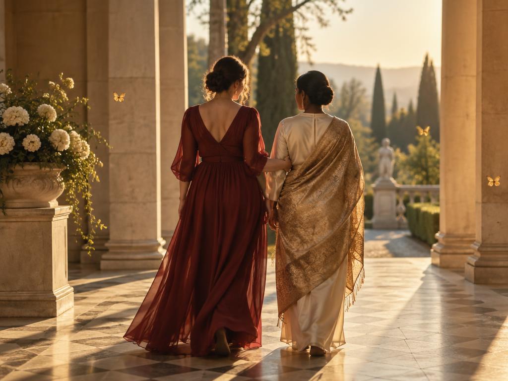Two women walking side by side through a sunlit colonnade, seen from behind