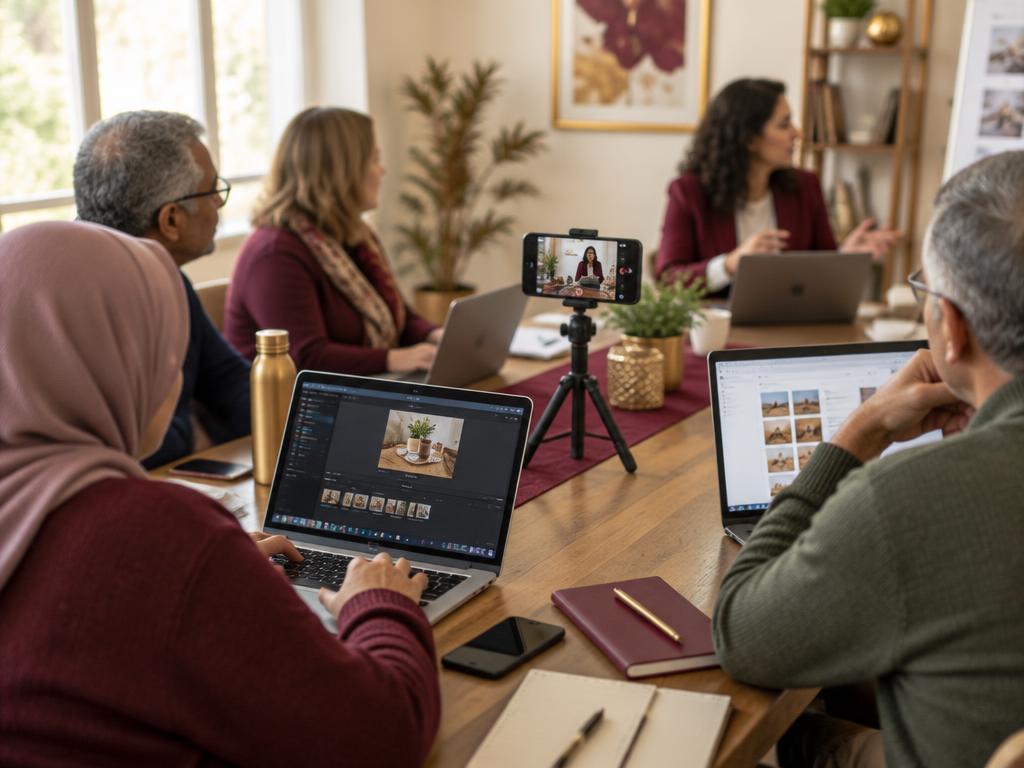 Adults of different genders learning digital content creation and business skills together at a workshop table