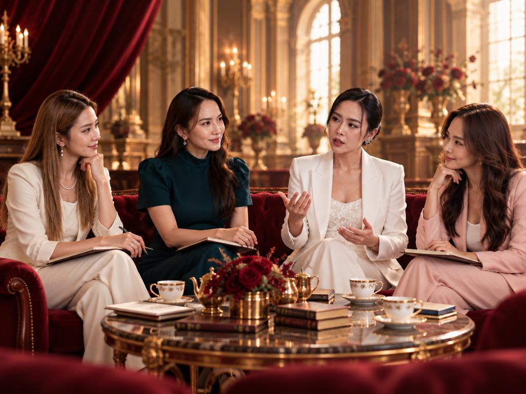 Four professional women in an expert roundtable discussion in a burgundy and gold hall